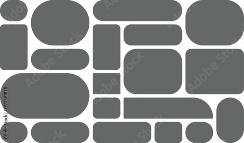 An assortment of grey rounded rectangles and circles with white outlines forming an organized geometric grid
