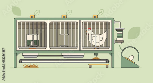 Industrial chicken farm with hens in cages and eggs on conveyor belt.