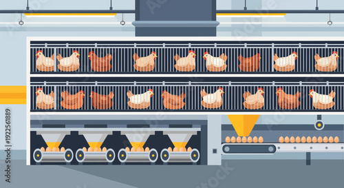Industrial chicken farm with hens in cages and eggs on conveyor belt 1.