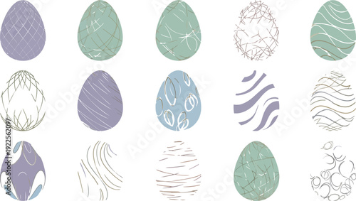 Fifteen beautifully decorated pastel Easter eggs featuring delicate gold line art patterns perfect for spring holiday celebrations