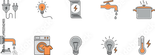Home utilities line icons set with electricity water heating appliances symbols vector illustration
