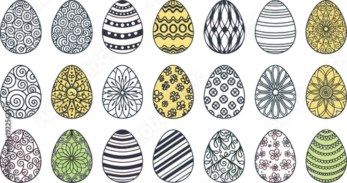 Collection of eighteen beautifully decorated easter eggs featuring diverse colorful patterns and intricate festive designs arranged in three rows for holiday celebration