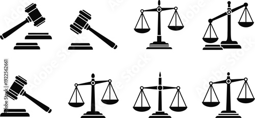 Law icon set featuring gavel and scales of justice symbols