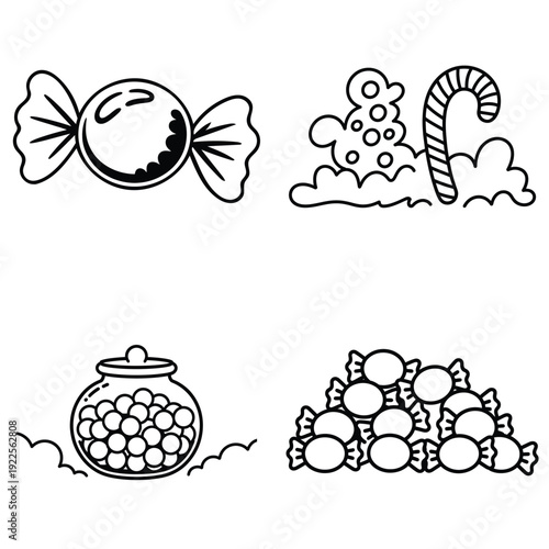 Black outline sweet candy and confectionery vector icons set isolated on white