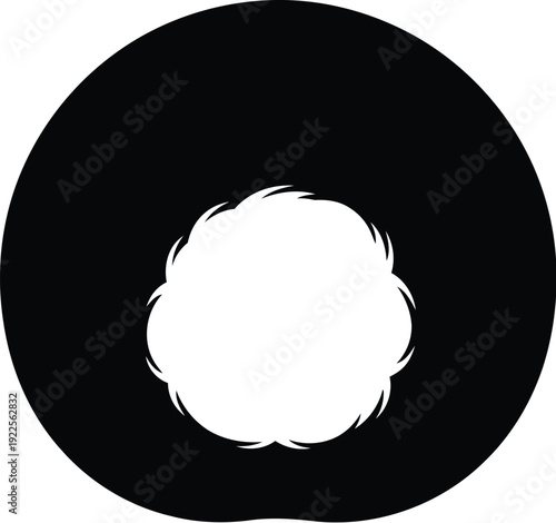 Abstract minimalist circular graphic design featuring a stark black outer ring surrounding an intricate white spiky inner shape against a pale gradient background.