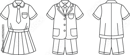School Uniform CAD Line Art Set Featuring Girl Dress and Boy Suit Front Back Technical Fashion Outline Template