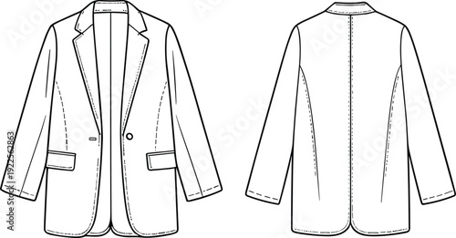 Tailored Blazer CAD Line Art Featuring Front Back Views Classic Formal Jacket Technical Fashion Template Illustration