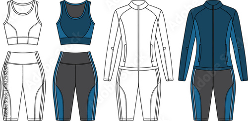 Women Activewear Jacket Sports Bra Cycling Shorts CAD Fashion Flat Technical Set Front View Modern Fitness Apparel Vector