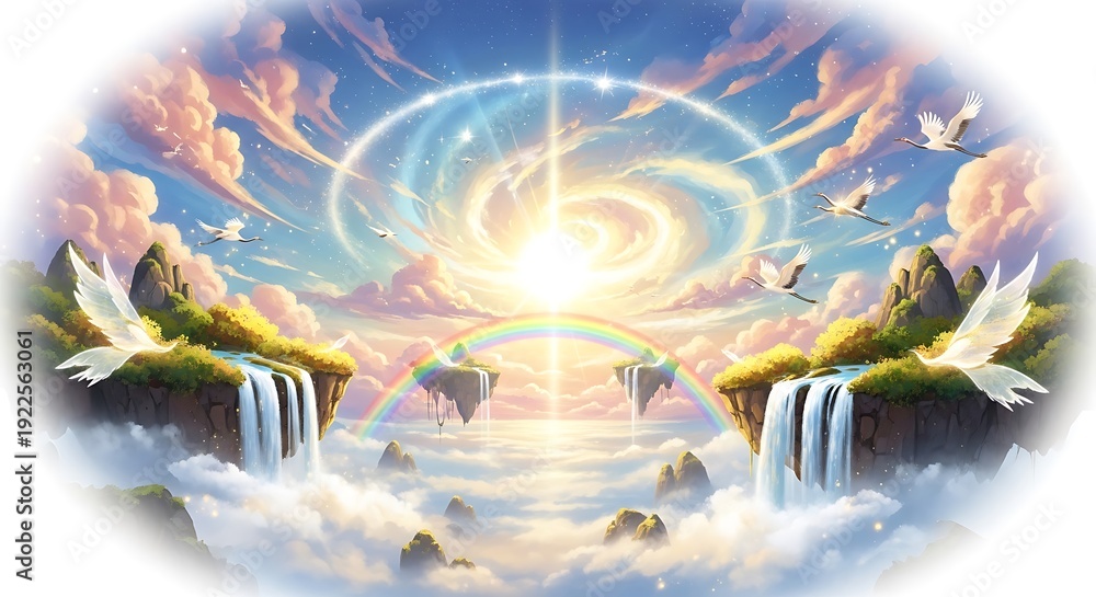Fototapeta premium Serene landscape with waterfalls, clouds, and birds, surrounded by a radiant rainbow and mystical aura, viewed from a distant perspective, whisk_23hqzf_via_RJ_Whisk_Auto.jpg illustration