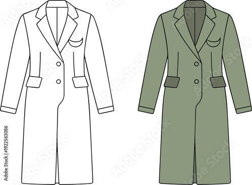 Women Long Coat CAD Line Art Featuring Classic Tailored Overcoat Front View Fashion Technical Template Illustration Set