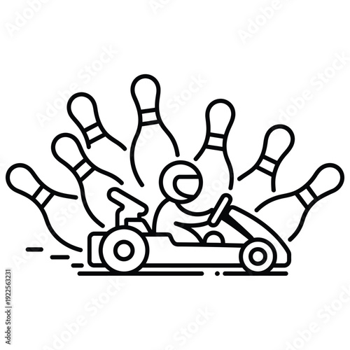 Go kart bowling strike outline illustration combining racing action and bowling sports concept