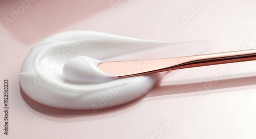 Delicate white cosmetic cream smoothly spread with a rose-gold spatula on a soft pink background, highlighting luxury beauty and skincare