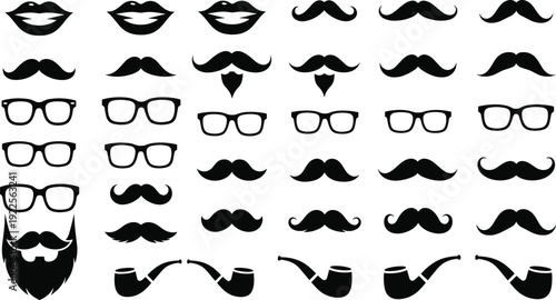 Vintage hipster mustache and beard silhouette set, glasses lips and smoking pipes vector illustration collection for photo booth props
