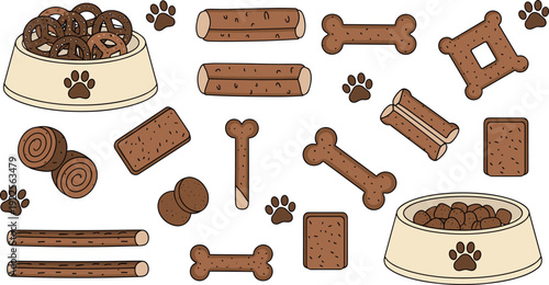 Dog treats and bones collection with bowls biscuits sticks and paws vector illustration set