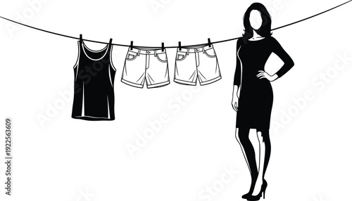 Woman standing near clothesline with hanging laundry, vector illustration of drying clothes including shirt and shorts isolated on white background