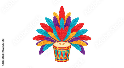 Vibrant illustration of colorful feathers emerging from a decorated drum