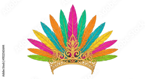 Vibrant Feathered Headpiece Illustration Featuring Colorful Plumes and Ornate Details