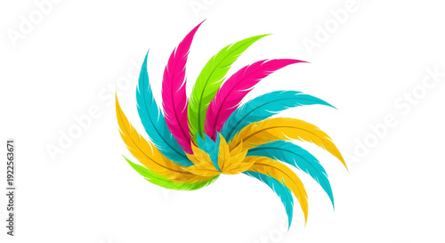 Vibrant colorful feathers swirling around a central point in a dynamic illustration