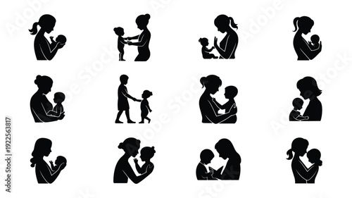 Collection of 12 minimalist black silhouettes of mothers and children in various tender moments