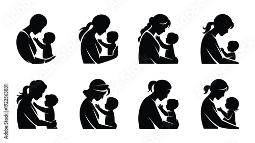 Mother and child silhouettes various poses black icons mother's day parenting love care bonding family nurturing silhouette icons graphic resource