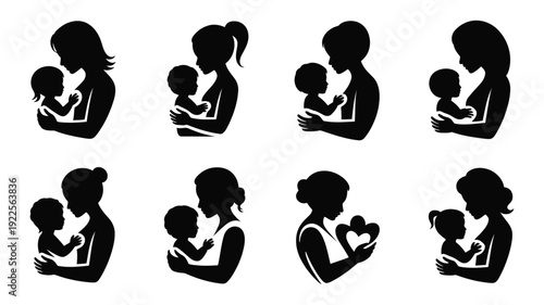 Eight black silhouette illustrations of mothers holding babies in various tender poses on a white background conveying love and nurturing