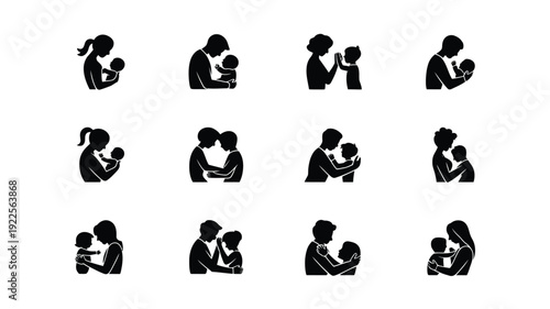 Collection of 12 minimalist logo silhouettes of parents and children black icons on white background symbolizing love and family bonding in various poses
