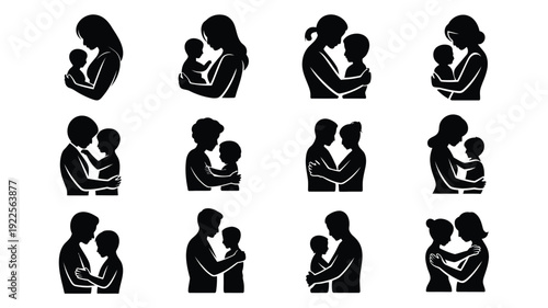 Collection of twelve minimalist black silhouettes of parents holding and hugging their babies in various poses on white background representing love and family bonding