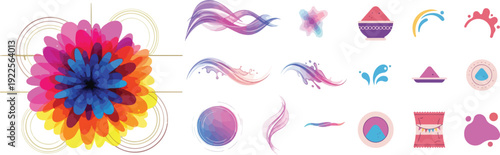 Holi Festival Element Set with Vibrant Floral Mandala and Abstract Powder Paint Bowls for Spring Celebration