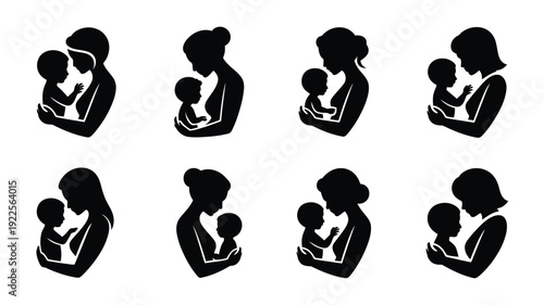 Motherhood silhouette logo pack 12 black and white mother and child silhouettes for family parenting and love concepts on white background