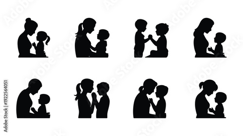Mother and child silhouettes bundle black icons set parent and kid embracing hugging playing and bonding