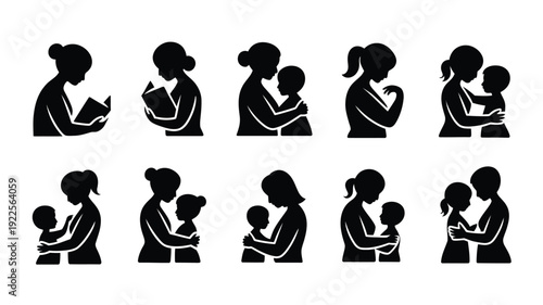 Set of black silhouette icons depicting mothers breastfeeding babies in various nursing positions and poses