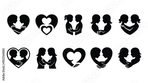 Black silhouette bundle of loving couples embracing in heart shapes for love and relationship concepts