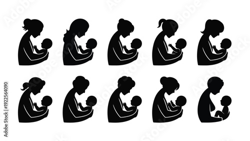 Set of mother and baby silhouette icons in various nursing positions and hairstyles on white background