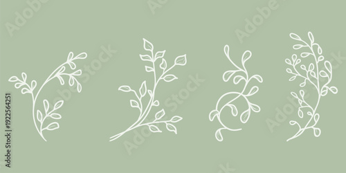 Spring twigs with petals and leaves. Vector illustration. Set of summer plants for frames and wreaths, hand drawn, isolated on a green background. Summer and meadow, garden and Easter themes.