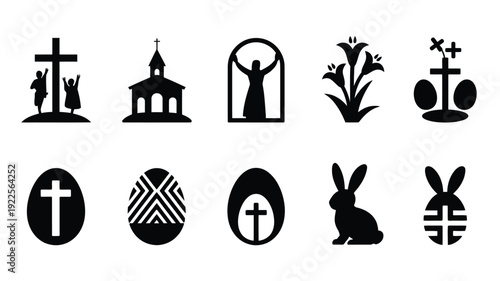 Collection of black silhouette easter and christian symbols including crosses church eggs flowers and rabbits on white background