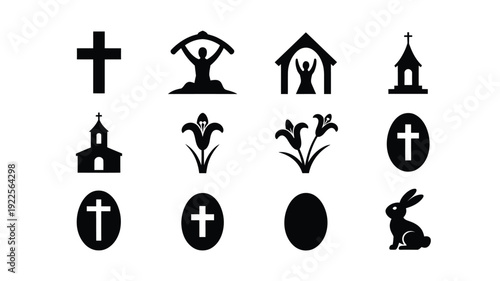 Collection of 12 minimalist black easter and christian symbols including crosses churches flowers and icons on white background