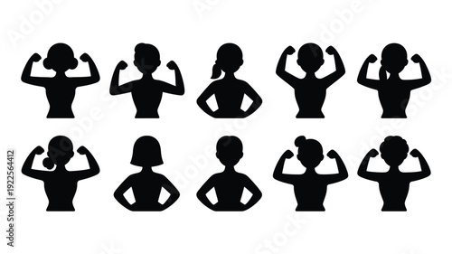 Collection of black silhouettes of women flexing muscles symbolizing female empowerment and strength in various poses on white background
