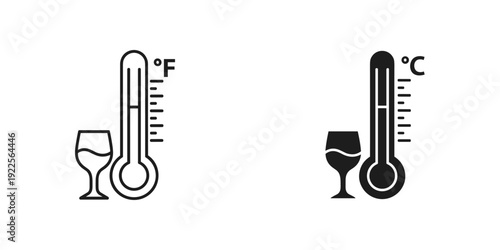 Wine glass thermometer comparison Fahrenheit Celsius temperature measurement illustration vector black white minimalist design