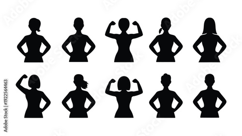 Ten black silhouettes of confident women with hands on hips or flexing muscles against a white background symbolizing female empowerment and strength