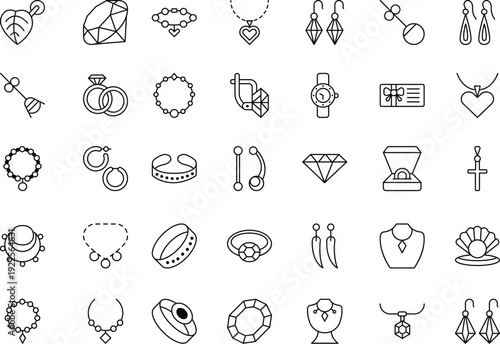 Massive collection of 35 minimalist jewelry line icons featuring diverse items like pearl oysters, wedding rings, watches, and elegant necklaces.