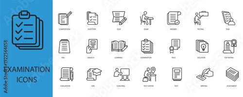 examination icons set outline and Flat Style,transparent background