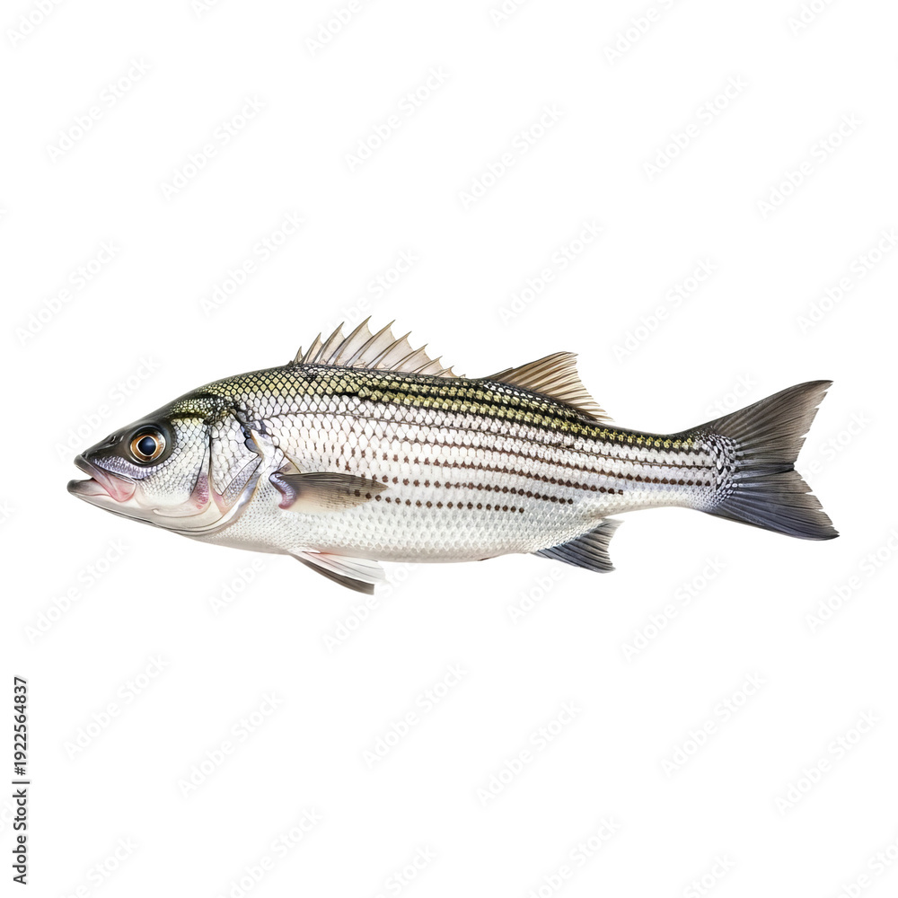 Obraz premium A striped bass fish swimming in the water with a black background