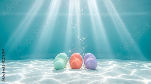 Vibrant easter eggs underwater with sunlight shining through turquoise ocean water and ripples on sandy sea floor
