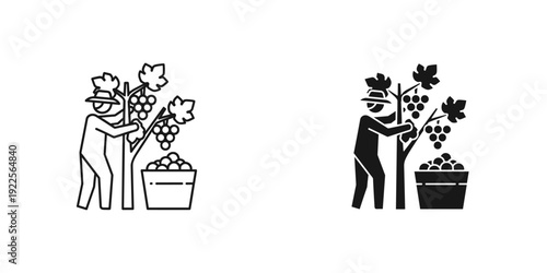 Wine harvest workers collecting grapes in vineyard flat design illustration black and white vector
