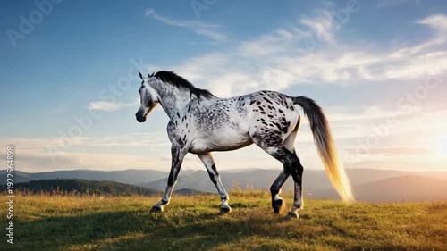 Majestic white horse with black spots standing on a grassy hill at sunset