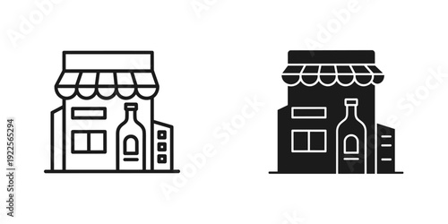 Minimalist wine shop illustration with striped awning and bottles vector flat design storefront