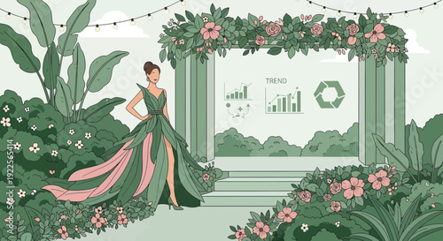 Elegant woman in green gown at an outdoor event.