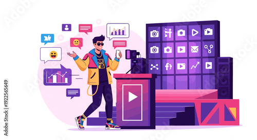 Male influencer creating video content for social media.