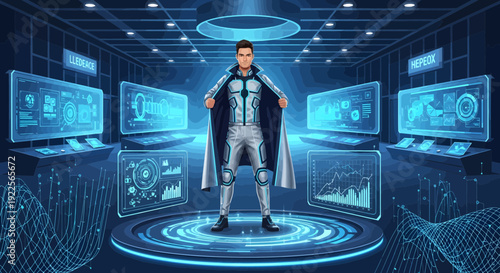 Man in futuristic suit and cape standing confidently.
