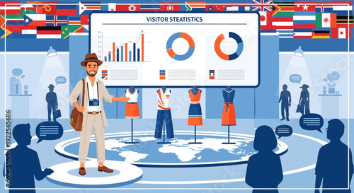 Man in hat with camera and bag standing in front of fashion display.